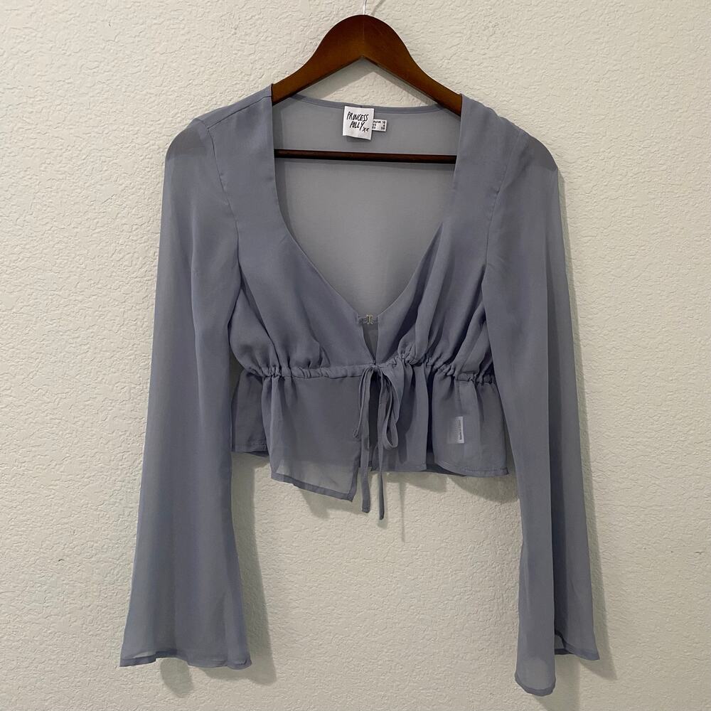 Princess Polly Sheer Tie Front Blouse Gray Peplum Fairycore Size 6